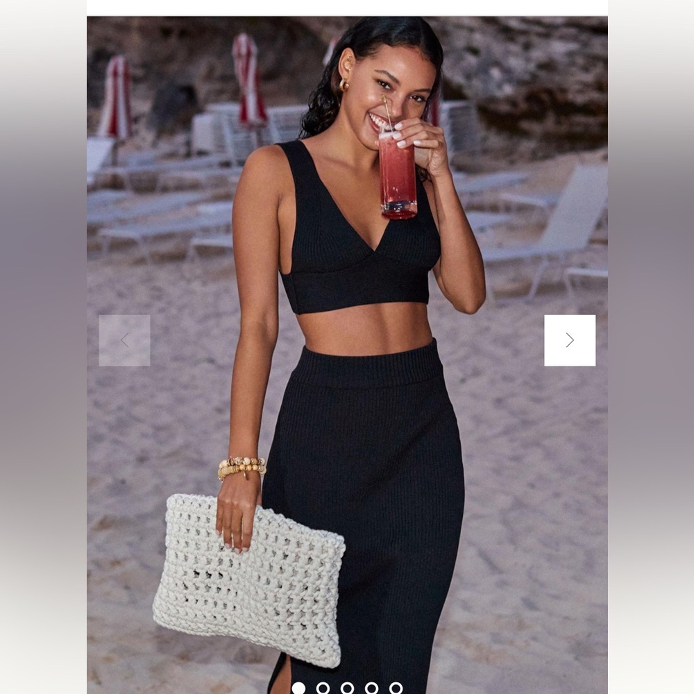 Anthropologie Black Ribbed Knit Side Slit Skirt Set Size XS